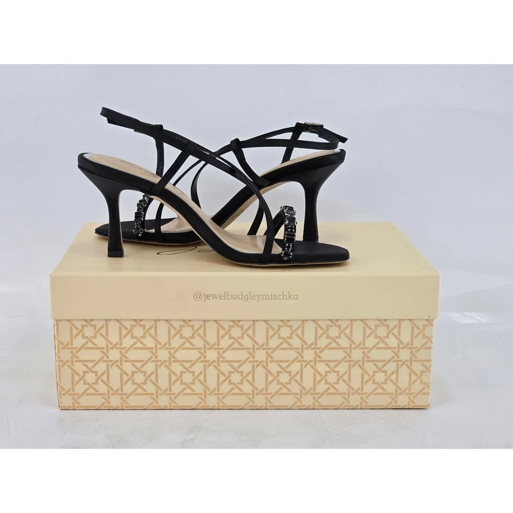 Jewel Badgley Mischka Alexis Sandals Womens 6 Black Satin Embellished NEW